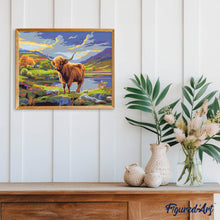 Carica l'immagine nel visualizzatore di Gallery, Dipingere con i numeri - Highland Cow tra cieli dipinti