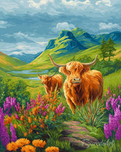 Carica l'immagine nel visualizzatore di Gallery, Dipingere con i numeri - Highland Cow sulle colline in fiore Figured'Art