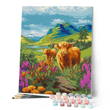Carica l'immagine nel visualizzatore di Gallery, Dipingere con i numeri - Highland Cow sulle colline in fiore