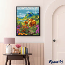 Carica l'immagine nel visualizzatore di Gallery, Dipingere con i numeri - Highland Cow sulle colline in fiore
