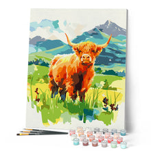 Carica l'immagine nel visualizzatore di Gallery, Dipingere con i numeri - Highland Cow nella valle pastello