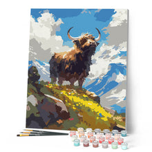 Carica l'immagine nel visualizzatore di Gallery, Dipingere con i numeri - Highland Cow e vista alpina