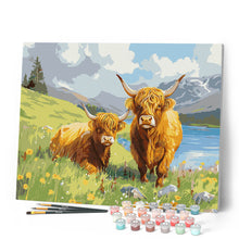 Carica l'immagine nel visualizzatore di Gallery, Dipingere con i numeri - Famiglia di Highland Cow al lago