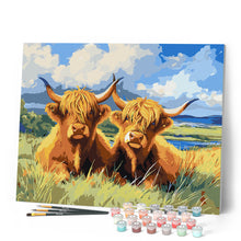 Carica l'immagine nel visualizzatore di Gallery, Dipingere con i numeri - Highland Cow in un campo dorato