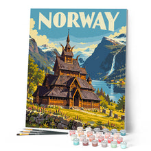 Carica l'immagine nel visualizzatore di Gallery, Dipingere con i numeri - Poster di Viaggio Chiesa in Legno di Borgund, Norvegia