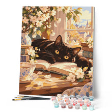 Carica l'immagine nel visualizzatore di Gallery, Dipingere con i numeri - Gatto Nero tra Fiori e Libri