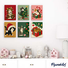 Carica l'immagine nel visualizzatore di Gallery, Mini Set Dipingere con i numeri 15x20cm (6 pezzi) - Gattini e decorazioni natalizie