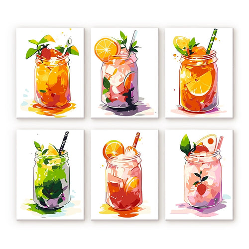 Dipingere con i numeri – Set di 6 tele | Bevande alla frutta in barattolo Figured'Art
