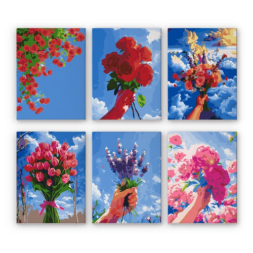 Dipingere con i numeri – Set di 6 tele | Mazzi di fiori nel cielo Figured'Art