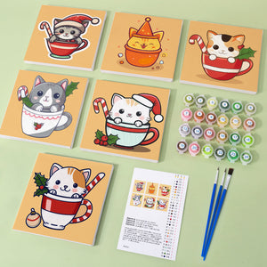 Mini Set Dipingere con i numeri 20x20cm (6 pezzi) - Gatti di Natale in Tazze