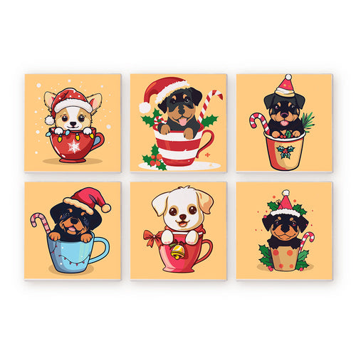 Mini Dipingere con i numeri 20x20cm (6 pezzi) - Cani di Natale nelle Tazze
