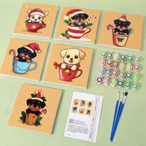 Mini Set Dipingere con i Numeri 20x20cm (6 pezzi) - Cani di Natale nelle Tazze