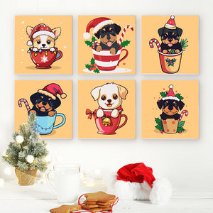 Mini Set Dipingere con i Numeri 20x20cm (6 pezzi) - Cani di Natale nelle Tazze