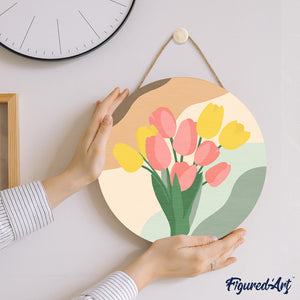Dipingere con i Numeri su Disco di Legno - Bouquet di tulipani
