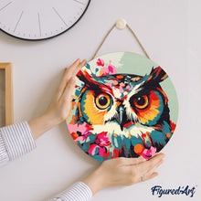 Carica l&#39;immagine nel visualizzatore di Gallery, Dipingere con i Numeri su Disco di Legno - Gufo Fantasy con Fiori