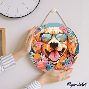 Dipingere con i Numeri su Disco di Legno - Cane fantasy tra i fiori