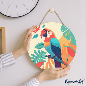 Dipingere con i Numeri su Disco di Legno - Pappagallo Tropicale