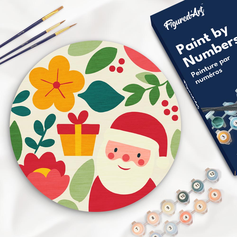 Dipingere con i Numeri su Disco di Legno - Babbo Natale e fiori