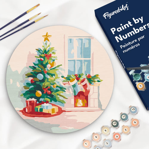 Dipingere con i Numeri su Disco di Legno - Albero di Natale e camino