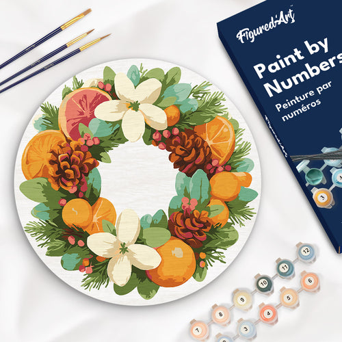 Dipingere con i Numeri su Disco di Legno - Ghirlanda di pino e agrumi