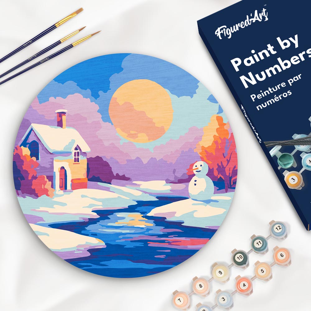 Dipingere con i Numeri su Disco di Legno - Paesaggio invernale al tramonto