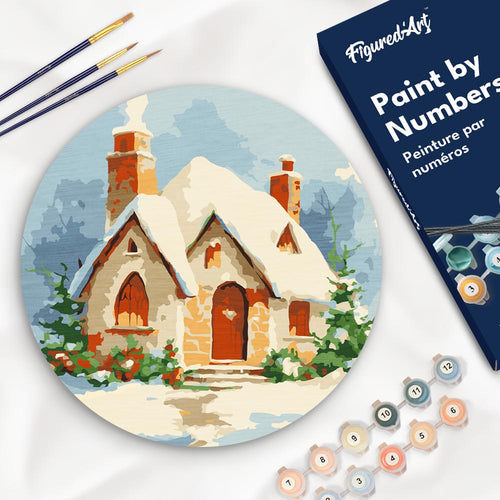 Dipingere con i Numeri su Disco di Legno - Casa di mattoni in inverno