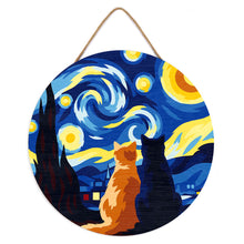 Carica l'immagine nel visualizzatore di Gallery, Dipingere con i numeri - Dipingere con i Numeri su Disco di Legno - Coppia di gatti sotto la Notte Stellata
