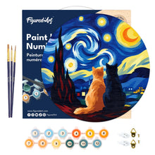 Carica l'immagine nel visualizzatore di Gallery, Dipingere con i numeri - Dipingere con i Numeri su Disco di Legno - Coppia di gatti sotto la Notte Stellata