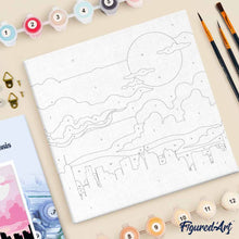 Carica l'immagine nel visualizzatore di Gallery, Mini Kit da Dipingere con i Numeri 20x20cm con cornice New York sotto un cielo rosa