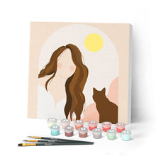 Carica l'immagine nel visualizzatore di Gallery, Mini Kit da Dipingere con i Numeri 20x20cm con cornice Donna e il suo gatto