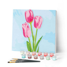 Carica l'immagine nel visualizzatore di Gallery, Mini Kit da Dipingere con i Numeri 20x20cm con cornice Tulipani e cielo azzurro