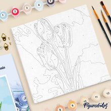 Carica l'immagine nel visualizzatore di Gallery, Mini Kit da Dipingere con i Numeri 20x20cm con cornice Tulipani e cielo azzurro
