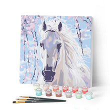 Carica l'immagine nel visualizzatore di Gallery, Mini Kit da Dipingere con i Numeri 20x20cm con cornice Cavallo bianco e fiori rosa