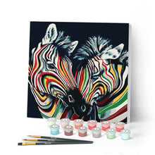 Carica l'immagine nel visualizzatore di Gallery, Mini Kit da Dipingere con i Numeri 20x20cm con cornice Coppia di zebre colorate
