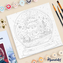 Carica l'immagine nel visualizzatore di Gallery, Mini Kit da Dipingere con i Numeri 20x20cm con cornice Albero di Natale nella Palla di Neve
