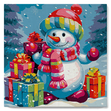 Carica l'immagine nel visualizzatore di Gallery, Mini Kit da Dipingere con i Numeri 20x20cm con cornice Pupazzo di Neve e Regali