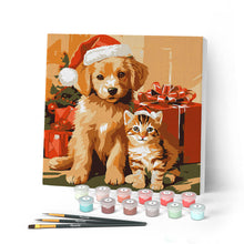 Carica l'immagine nel visualizzatore di Gallery, Mini Kit da Dipingere con i Numeri con cornice Cuccioli con cappello di Babbo Natale