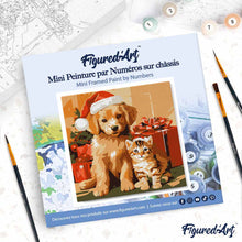 Carica l'immagine nel visualizzatore di Gallery, Mini Kit da Dipingere con i Numeri 20x20cm con cornice Cuccioli con cappello di Babbo Natale