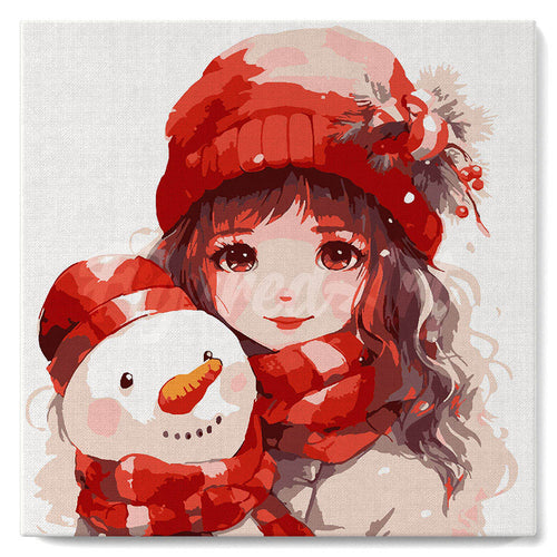 Mini Kit da Dipingere con i Numeri con cornice - Ragazza carina e pupazzo di neve