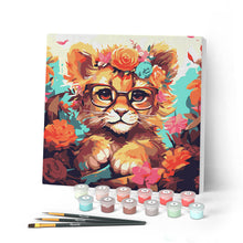 Carica l'immagine nel visualizzatore di Gallery, Mini Kit da Dipingere con i Numeri con cornice - Cucciolo di leone fantasy tra i fiori