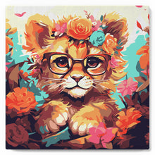 Carica l'immagine nel visualizzatore di Gallery, Mini Kit da Dipingere con i Numeri 20x20cm con cornice - Cucciolo di leone fantasy tra i fiori
