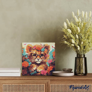 Mini Kit da Dipingere con i Numeri 20x20cm con cornice - Cucciolo di leone fantasy tra i fiori