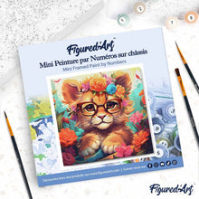 Carica l'immagine nel visualizzatore di Gallery, Mini Kit da Dipingere con i Numeri 20x20cm con cornice - Cucciolo di leone fantasy tra i fiori
