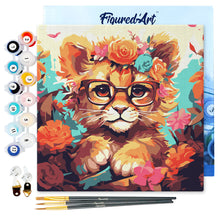 Carica l&#39;immagine nel visualizzatore di Gallery, Mini Kit da Dipingere con i Numeri 20x20cm con cornice - Cucciolo di leone fantasy tra i fiori
