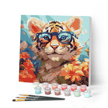 Carica l'immagine nel visualizzatore di Gallery, Mini Kit da Dipingere con i Numeri con cornice - Cucciolo di tigre fantasy tra i fiori