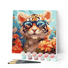 Carica l'immagine nel visualizzatore di Gallery, Mini Kit da Dipingere con i Numeri con cornice - Cucciolo di tigre fantasy tra i fiori