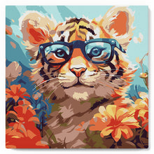 Carica l'immagine nel visualizzatore di Gallery, Mini Kit da Dipingere con i Numeri 20x20cm con cornice - Cucciolo di tigre fantasy tra i fiori