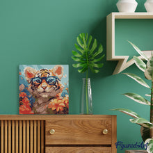 Carica l'immagine nel visualizzatore di Gallery, Mini Kit da Dipingere con i Numeri 20x20cm con cornice - Cucciolo di tigre fantasy tra i fiori