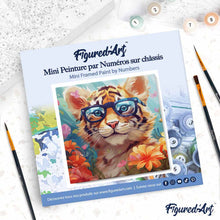 Carica l'immagine nel visualizzatore di Gallery, Mini Kit da Dipingere con i Numeri 20x20cm con cornice - Cucciolo di tigre fantasy tra i fiori
