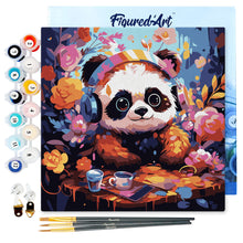 Carica l&#39;immagine nel visualizzatore di Gallery, Mini Kit da Dipingere con i Numeri 20x20cm con cornice - Panda fantasy tra i fiori